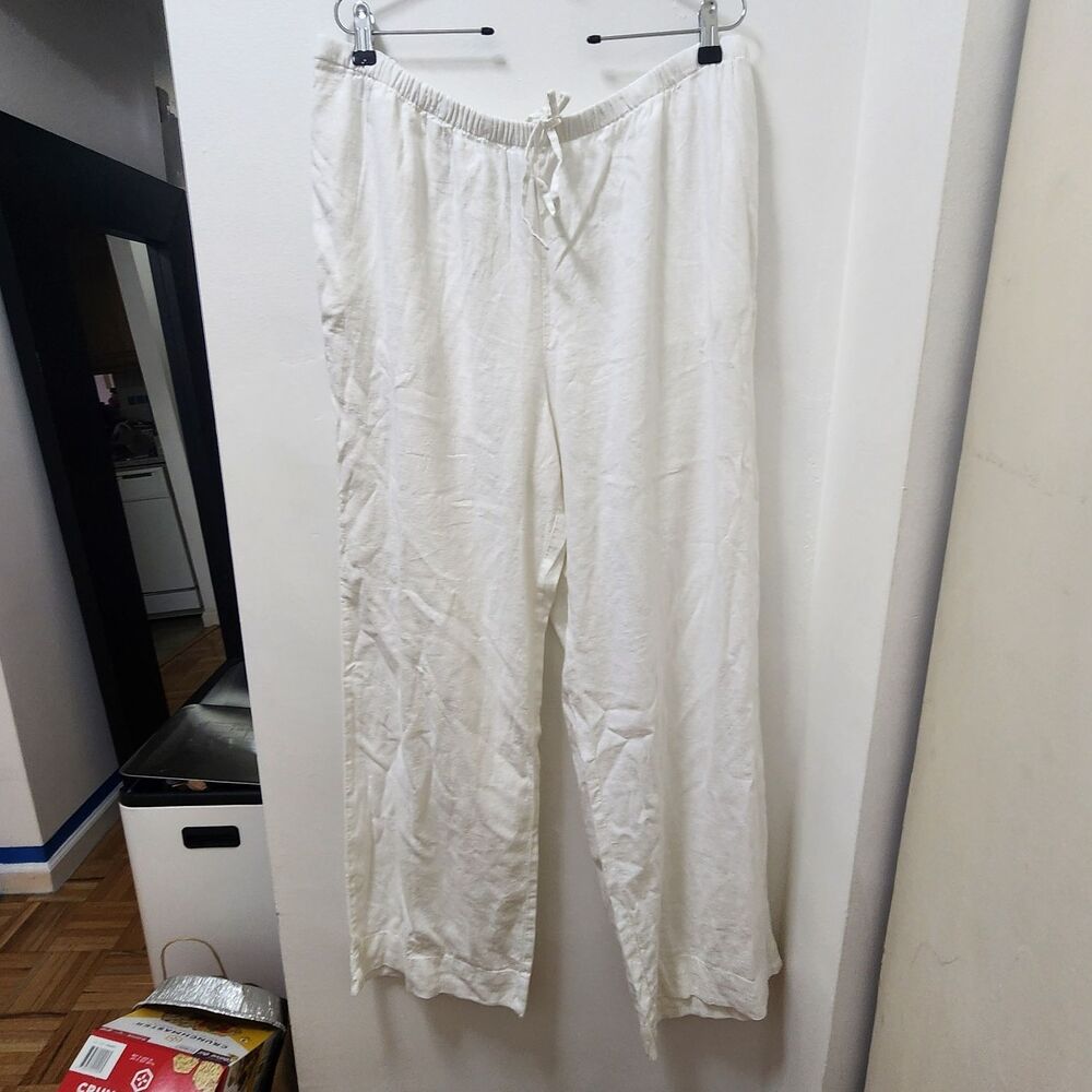 a new day Women's White Linen Blend Drawstring wide Leg Pants XL 32" Inseam nwt
